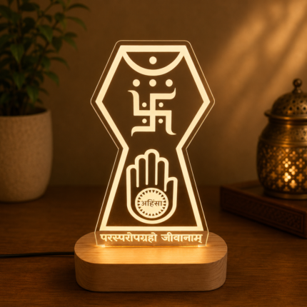 JainLife Jain Symbol LED Lamp for table with wooden base for gifting/home temple.